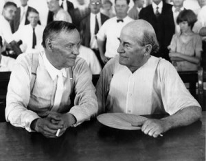 Clarence Darrow (left) and William Jennings Bryan (right) at the Scopes "Monkey" Trial in Dayton, Tennessee, 1925.