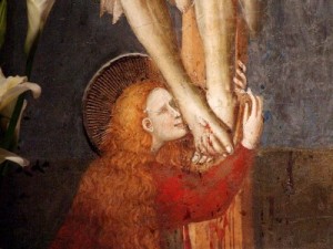 Detail of Mary kissing the feet of the crucified Jesus, Italian, early 14th century