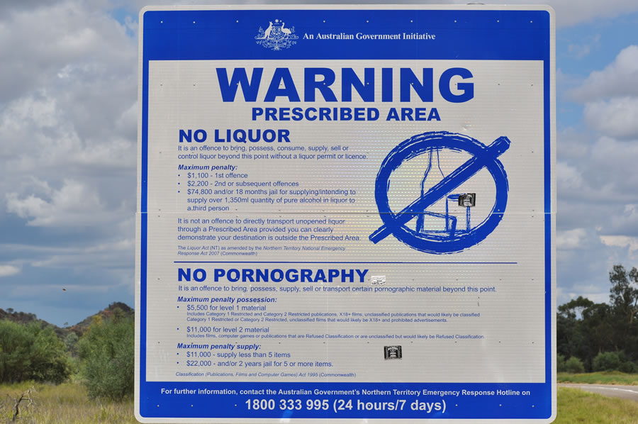 Alcochol and Pornography Ban Warning sign at an Aboriginal community near Alice Springs, in the Northern Territory.