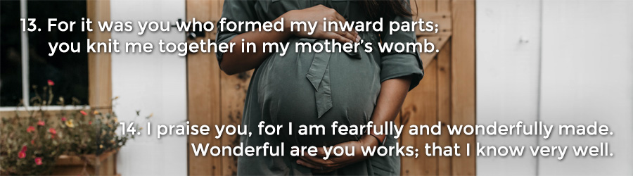 13 For it was you who formed my inward parts; you knit me together in my mother’s womb. 14 I praise you, for I am fearfully and wonderfully made. Wonderful are your works; that I know very well.